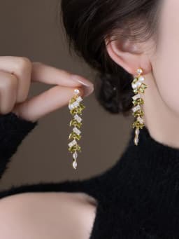 Korean new design fashion jewelry 14K gold plated luxury zircon leaf long tassel earrings elegant women's party accessories
