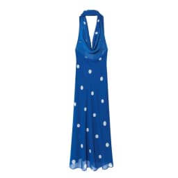 Women's Beach Dress Summer Blue Polka Dot Halter Neck Sash Ankle-Length Slim Fit Vacation Outfit
