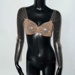 Elegant Rhinestone Mesh Long Sleeve Crop Top For Women Sexy Transparent Hollow Fishnet V Neck T Shirt Rave Beach Party Camisole