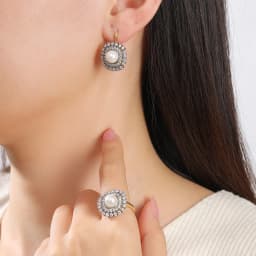 Women's Luxury Inlaid Zirconia Vintage Pearl Earrings Ring Set Copper Plated 14K Gold Fashion Jewelry Wedding Party Gift