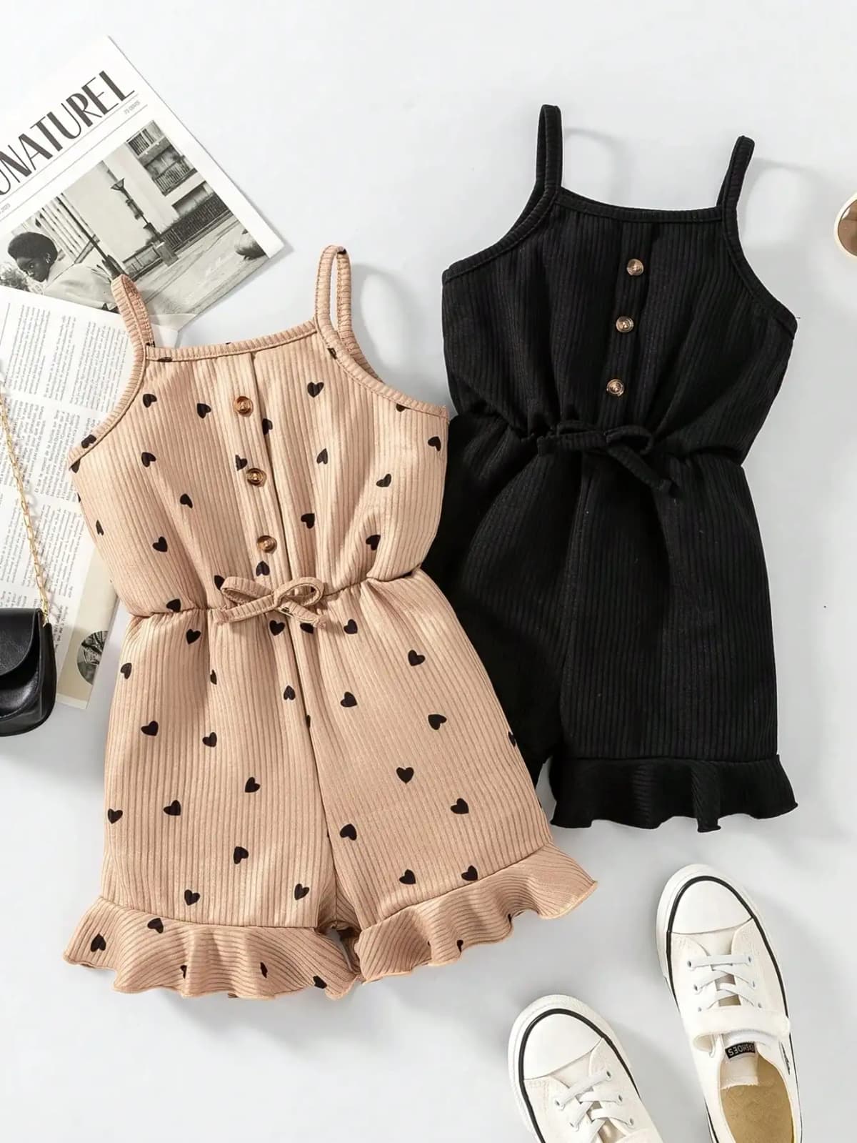 2pcs, 2026 girls' casual summer button up heart-shaped camisole jumpsuit, 2pcs in two colors. Suitable for outdoor travel
