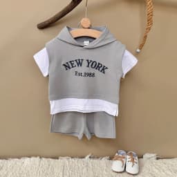 2Pcs Toddler Baby Boy Outfits Summer Short Sleeve Hooded Letter Print Knit Tops and Elastic Waist Shorts Set