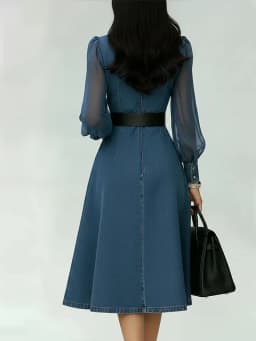 Streetwear Denim A-Line Dress Summer Women Tulle Long Sleeve See Through V Neck Maxi Dresses Vintage Jean Dress with Belt