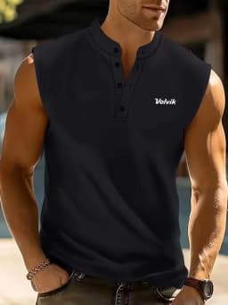 Men's Henry Collar Sleeveless T-Shirt Solid Color Sports Vest Shoulder Pad Enhanced Slim Fit Summer Breathable Casual Top