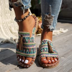 Bohemian Flat Bottom Slippers Women's Outdoor Summer New Tassel Beach Sandals Large Size Cross-Border Slippers for Adults