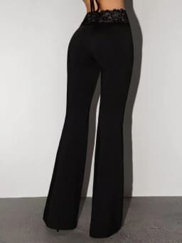 Black Super Low Waist Bell Bottom Pants Sexy Slim Fit Tummy Control Drapey Long Casual Pants Lace Splice Slimming Effect