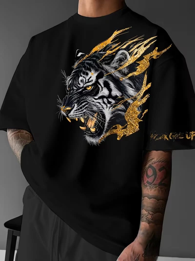 Men's Funny NEVER GIVE UP Tiger Letter T Shirt Cotton Tee Women Oversized Loose Fitness Spring Summer Casual Top Short Sleeve