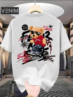 Best-selling Fashion Cute Bear Print 100% Cotton Trendy Men T-shirt Summer Daily Outdoor Sports Casual Loose Street Short-sleeve
