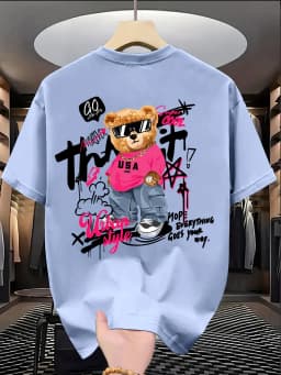 Best-selling Fashion Cute Bear Print 100% Cotton Trendy Men T-shirt Summer Daily Outdoor Sports Casual Loose Street Short-sleeve