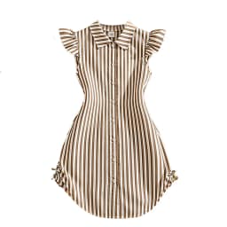 Stylish Girls Summer Blue White Stripe Dress 8-12Y, Popular Button Front A-line Dress with Side Drawstring for Outdoor Trip