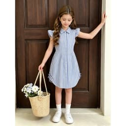 Stylish Girls Summer Blue White Stripe Dress 8-12Y, Popular Button Front A-line Dress with Side Drawstring for Outdoor Trip