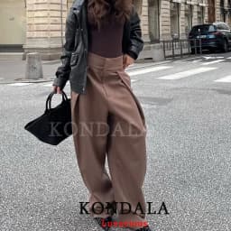 KONDALA Casual Loose Pleated Long Pants Women Wide Leg Pockets High Waist Straight Pants Fashion 2026 Spring Summer Women Pants