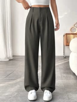 Women High Waist Straight Leg Trousers Slim Fit Solid-coloured Pleated Suit Trousers with Pockets Office Classic Casual Pants