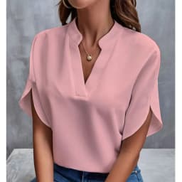 Women Elegant Solid V Neck Blouse Casual Short Sleeve Loose Shirt Summer Solid Tops Harajuku Office Ladt Chiffon Blouse 2026 New