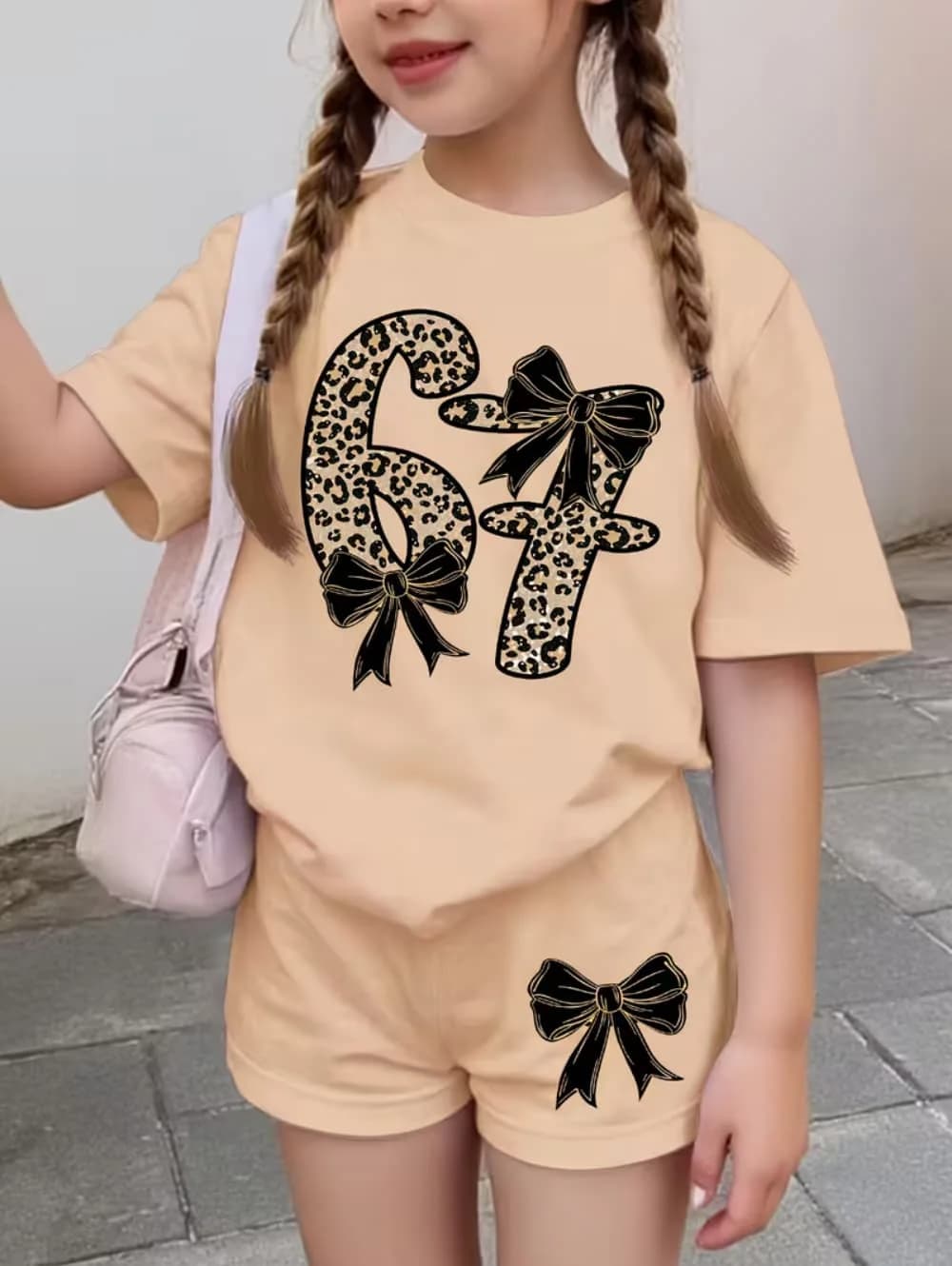 Funny Six Seven Italian Brainrot 67 Leopard Print Kids Short Sleeve Suit Children Clothing T-Shirt+ Shorts 2pc Set Girls Clothes