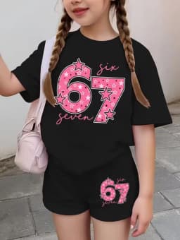 Funny Six Seven Italian Brainrot 67 Leopard Print Kids Short Sleeve Suit Children Clothing T-Shirt+ Shorts 2pc Set Girls Clothes