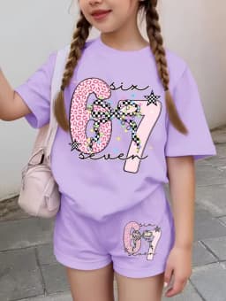 Funny Six Seven Italian Brainrot 67 Leopard Print Kids Short Sleeve Suit Children Clothing T-Shirt+ Shorts 2pc Set Girls Clothes