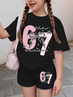 Funny Six Seven Italian Brainrot 67 Leopard Print Kids Short Sleeve Suit Children Clothing T-Shirt+ Shorts 2pc Set Girls Clothes