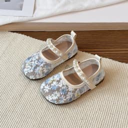 Pink Blue Floral Embroidery Mesh Ballet Flat Baby Girl Elegant Pearl Strap Mary Jane Shoes Kid Wedding Party Lace Ballerina Shoe