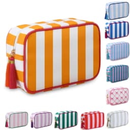 Large Striped Portable Cosmetic Bag For Women Tassel Zipper Makeup Bag Large Capacity Pouch Bags Casual Tote with Zipper Closure