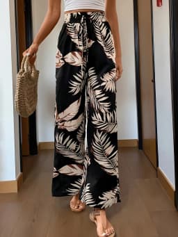 2026 Casual and Elegant Bohemian Style - Loose and Comfortable with Leaf Printed Wide Leg Elastic Waist Wide Leg Pants