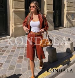 KONDALA Retro High Street Pilot Jacket Shorts Set Woman Casual Trendy PU Leather Jacket, Half Shorts 2026 Spring Cool Girls Set