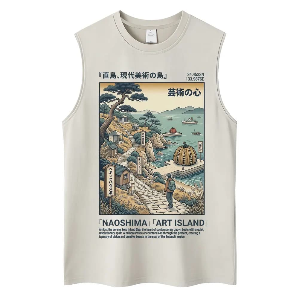 Japanese Ukiyo-e Beach Style Washed Tank Tops Naoshima Art Island Vintage Vests Men Women Cotton Casual Loose Sleeveless T Shirt