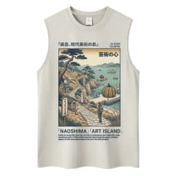 Japanese Ukiyo-e Beach Style Washed Tank Tops Naoshima Art Island Vintage Vests Men Women Cotton Casual Loose Sleeveless T Shirt