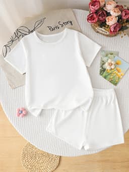 Kids Girls 2 Piece Solid White Short Sleeve T-Shirt & Shorts Set Casual Summer Loungewear Outfit