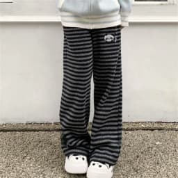 Harajuku Cartoon Embroidery Pants Women Kawaii Striped Loose Korean Trouser Shorts Y2K Subculture Vintage Female Wide Leg Pants