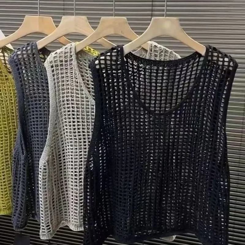 Hollowed-out Loose Suspender for Women Outer Sleeveless Knitting Camis Casual Vests Korean Cover Up Crop Vacation Office Tops