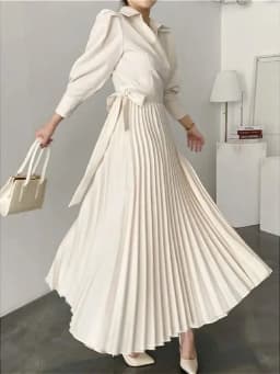 2026 Women Beige Lapel Collar Puff Sleeve Maxi Dress Spring Wrap Waist High Waist Pleated A Line Elegant Party Formal Dress