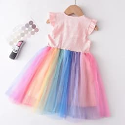 Summer New Sweet and Cute Rainbow Round Neck Flying Sleeve Mesh Princess Dress for Girls Aged 2-6 Korean Version