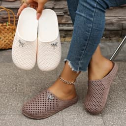 Summer Women Hollow Out Breathable Clog Mules Bow Decor Non-Slip Soft Sole Home Garden Beach Daily Casual Walking Shoes