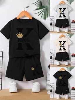 Boys' 2-Piece T-shirt & Shorts Set, KING Crown Print, soft breathable, casual for daily and outdoor wear Can you provide more co