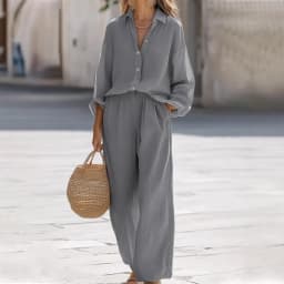 Women's Cotton 2-Piece Set Oversized Long-Sleeve Button-Down Shirt Wide-Leg Pants with Elastic Waist Loose-Fitting for Vacation