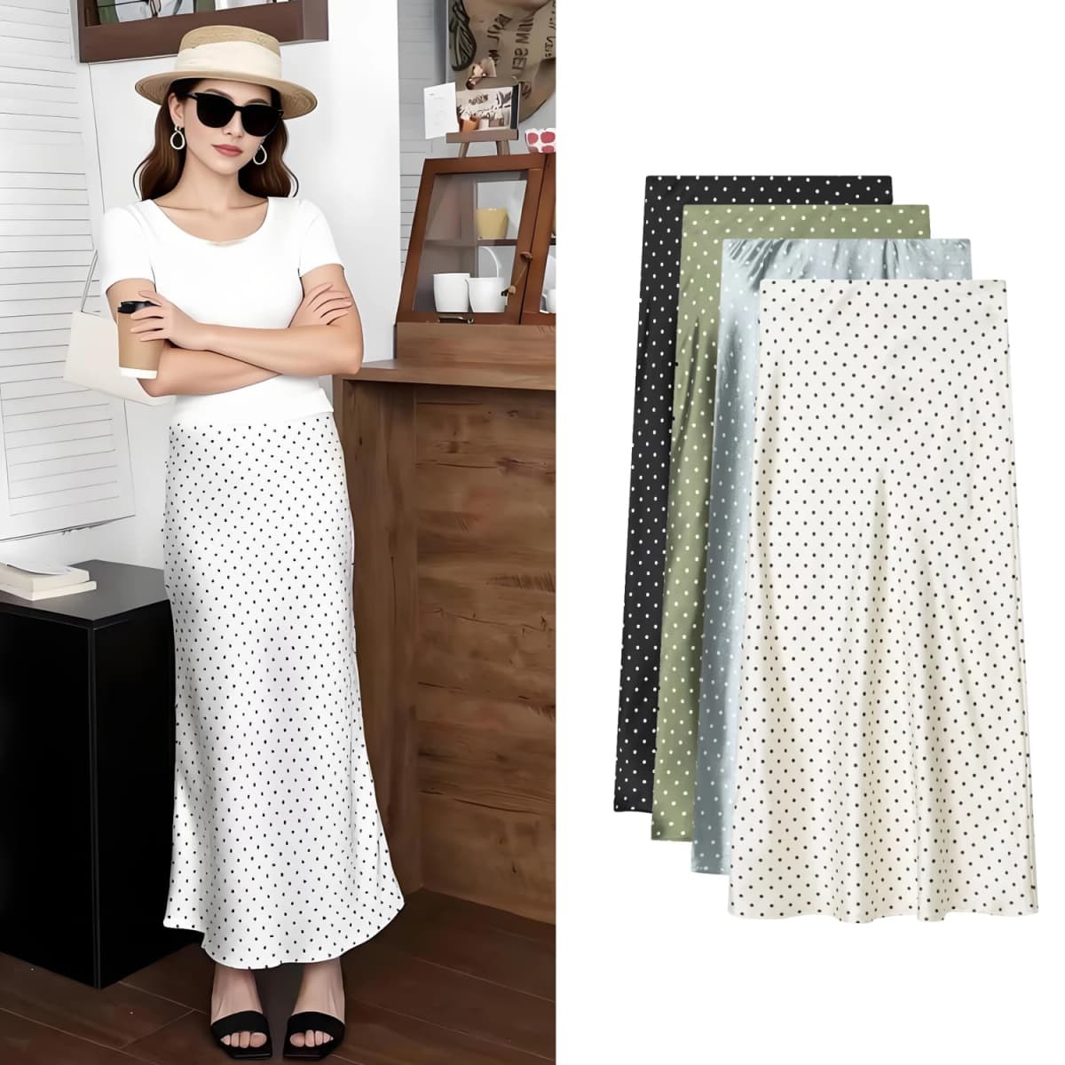 Women White Vintage Polka Dot Satin Skirts Spring Summer New High Waist Casual Mid Length Skirts Lady Elegant Party Skirts