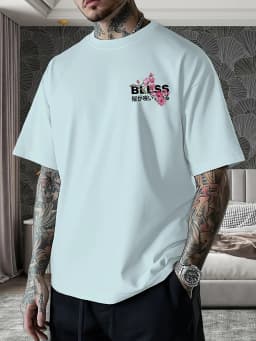 Cherry Blossom "Bless" Pattern Men's T-shirt Summer Street Casual Pure Cotton Short-sleeved Top