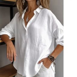 Ladies' elegant and classic cotton and linen pure-color button-down 3/4-sleeve shirt, fashionable and versatile for daily outing