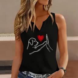 Funny Dog & Hand Love Tank Top T-shirt Sleeveless V Neck Casual Cute Vest T Shirts Women Short Sleeve Tee Shirt V-Neck