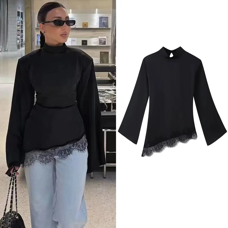 Women Casual Lace Patchwork Hem Lace-up Tops Women's Slim Waist-cinching Blouse New Ladies Spring Solid Elegant Blouses 