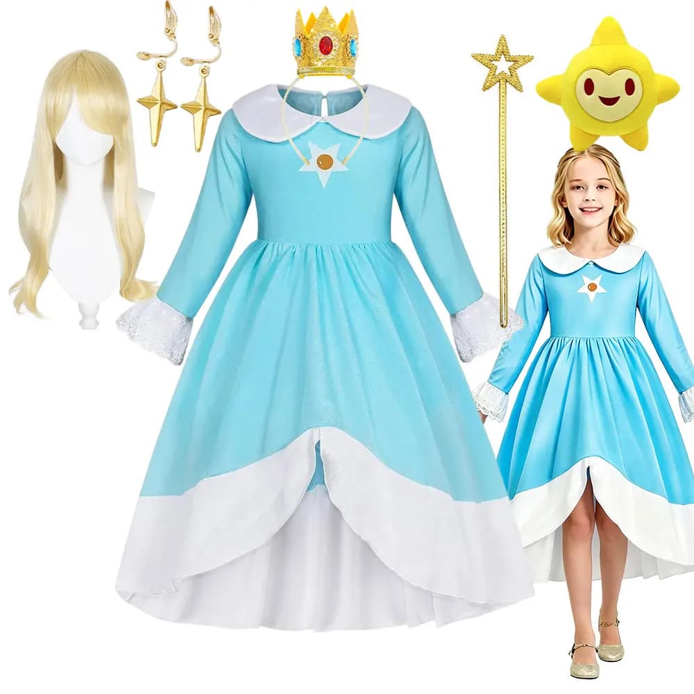 2026 Movie Girls Princess Dress Video Game Star Pattern Outfit Rosalina Role Play Costume Kids Halloween Peach Cosplay Clothes