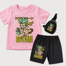 Dr Stone Senku Anime Print Kids Cotton T Shirt and Shorts Set with Mini Chest Bag 3 Piece Set for Boys Girls