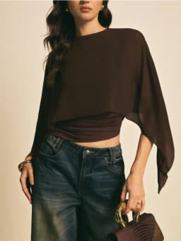 2026 Fashion Elegant Cape Sleeve Ruched Top Sheer Overlay Casual Solid Color Blouse Y2k Hot Girl Ruched Waist Slim Fit Shirts