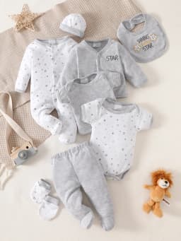 8-Piece Newborn Romper Set | 100% Cotton, Soft & Breathable | Gray Cartoon Star Design | For 0-9 Months Babies