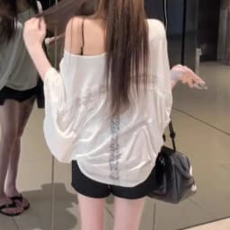 Summer Solid Temperament Back Lace Splicing Bat Long Sleeve T-Shirt Women's Sunscreen Blouse Large Size Sexy Slash Shoulder Top