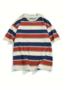 Men's Red, Yellow, and Blue Striped T-Shirt, Short-Sleeved Round Neck Casual T-Shirt, Classic Horizontal Stripe Daily Wear Top