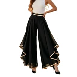 2026 New Western Style Amazon Fashion Spliced Rolled Hem Layered Chiffon High-Waisted Women's Casual Wide-Leg Pants