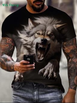 Summer Outdoor Men Short Sleeved Tee Oversized Men's T-Shirt Fashion Round Neck Men's Clothing Vintage Wolf Graphic T-Shirt Men