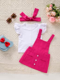 Baby Girl Spring Summer 3-Piece Set Flutter Sleeve T-shirt + Overall Dress + Headband Cute Casual Kids Outfit